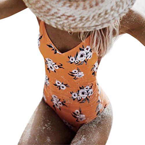 Elogoog Women's Flower Cutout Deep V Neck Monokini Backless 2018 New Printing One Piece Swimsuit Bathing Suit (Yellow, L)