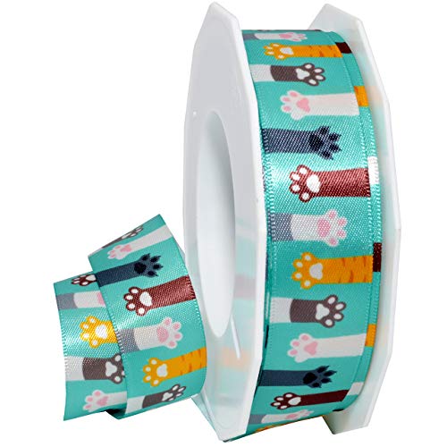 Morex Precious Pets - Cat Paws Ribbon, Satin, 7/8 inch by 20 Yards, Aqua