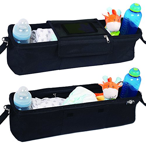 BEST DOUBLE STROLLER ORGANIZER Storage Bag for Double / Twin / Tandem Strollers, Exclusive Phone-Pocket Cell Holder & Waterproof Rain Cover. PLUS 2 FREE Stroller Hooks. Must Have Stroller Accessory