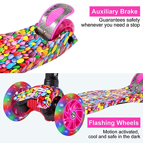 ENKEEO Kick Scooter for Kids with LED Flashing Wheels, Lean to Steer, with 3-level Height Adjustable Handlebar and Extra Wide Deck, Fun Outdoor Toy for Children from 3 to 11 Years Old (Candy) - Thumbnail 3