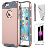 iPhone 6/6s case KXLY 2 in 1 Hybrid Heavy Duty Shockproof Protective Cover Hard PC Rugged Soft TPU Bumper Dual Layer +Tempered Glass Screen Protector+Stylus[Rose Gold-Gray]