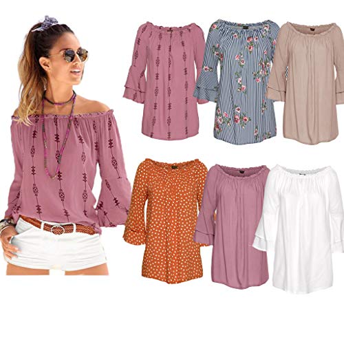 Mysky Fashion Summer Bohemian National Print Elastic Off Shoulder Sweet Flare Sleeve Tops T-Shirt Blouse Orange - Thumbnail 3