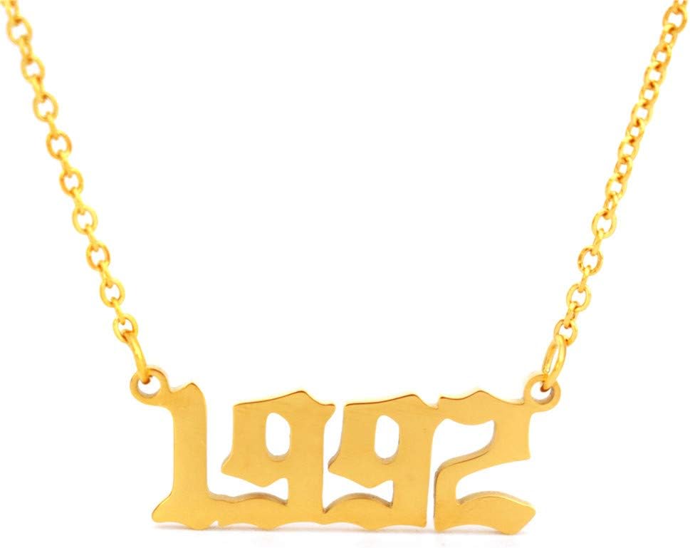 Birth Year Number Necklace, Old English Silver Pendant Necklace for Women and Girl Birthday Gift 18 inch Gold Chain Stainless Steel Friendship Jewelry
