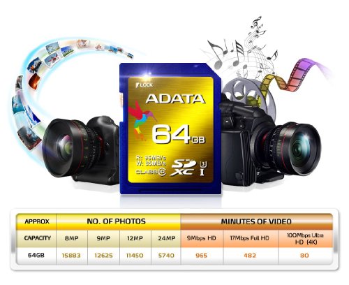 ADATA 64GB Read 95 MB/s and Write 85 MB/s SDXC UHS-I U3 Class 10 Memory Card (ASDX64GXUI3CL10-R)
