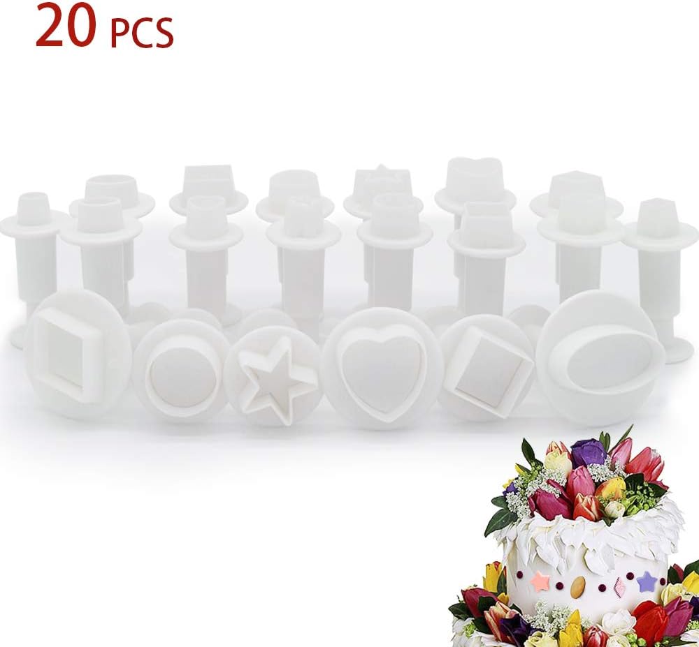 Luxanna 20 PCS Fondant Plunger Cookie Cutters Cupcake Decorating Tools Sugarcraft DIY Mold Supplies Cake Ejector Stamp Heart Oval Five-Pointed Star Square Round