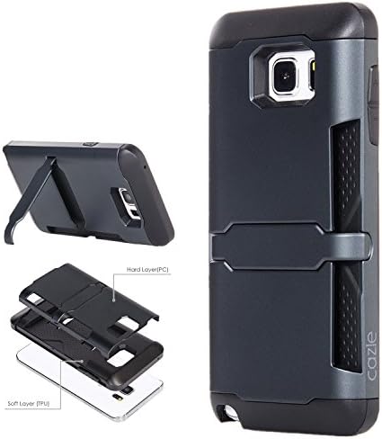Galaxy Note 5, Dual-layer Heavy Duty Matte Rugged Protective Cover with Built in Foldable Kickstand ID Credit Card Slot Holder for Samsung Galaxy Note 5 by Cazle (Black)