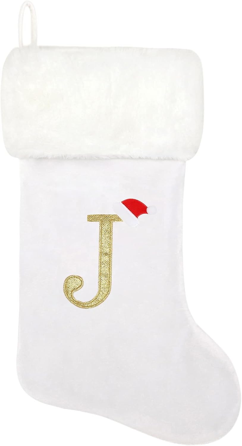 Stockings & Holders - Tokforty 20 Inches White Velvet with White Super Soft Plush Cuff Monogram Christmas Stockings, Xmas Personalized Embroidered Letter Stockings for Family Holiday Decorations and Xmas Tree Fireplace（J）