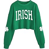 KYVPO Women's Funny Clover Graphic Crop Sweatshirts St. Patrick's Day Lucky Shamrock Lantern Long Sleeve Pullover Tops