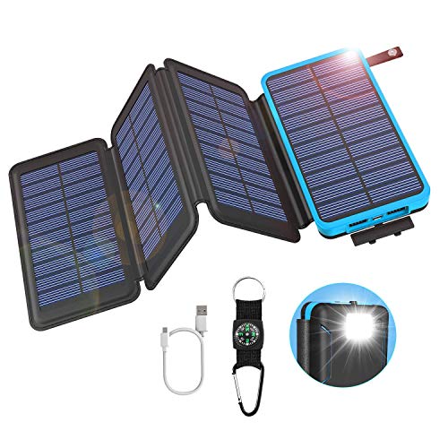 Solar Power Bank 25000mAh High Capacity USB External Battery Pack Backup Battery Power Pack with 4 Foldable Solar Charging Panels, Dual 2.1A Output Ports, Flashlight for iPhone Android Cellphones