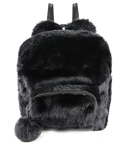 Adorable Rabbit Ears Fur Backpack Fluffy Daypack School Bag with Ball Pendant (Black)