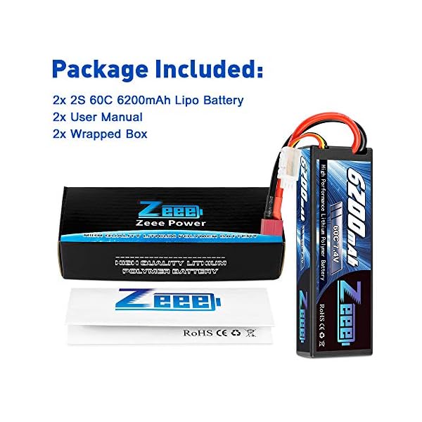 Zeee 7.4V 60C 6200mAh 2S RC Lipo Battery Hardcase with Deans Connector for RC Vehicles Car Truck Truggy Boat(2 Pack) – Bild 7