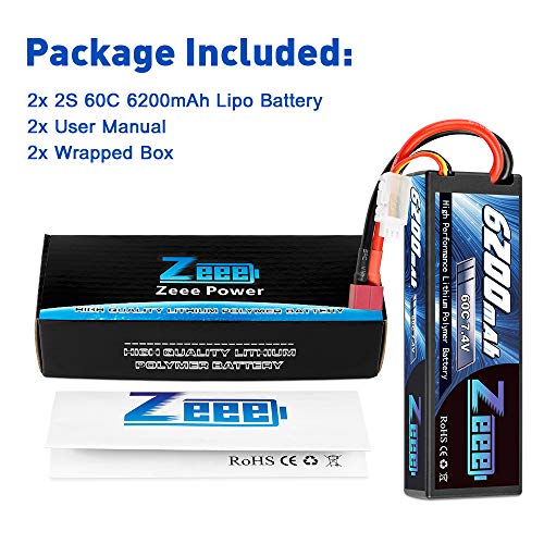 Zeee 7.4V 60C 6200mAh 2S RC Lipo Battery Hardcase with Deans Connector for RC Vehicles Car Truck Truggy Boat(2 Pack) – Bild 7