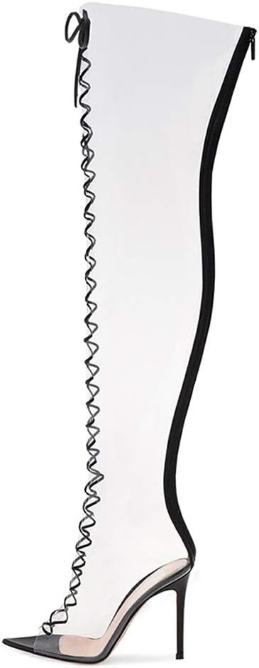 Womens over The Knee High Boots, casual and fashionable transparent PVC lace-up high elastic thigh high boots, Pointed toe high-heeled boots for party bars