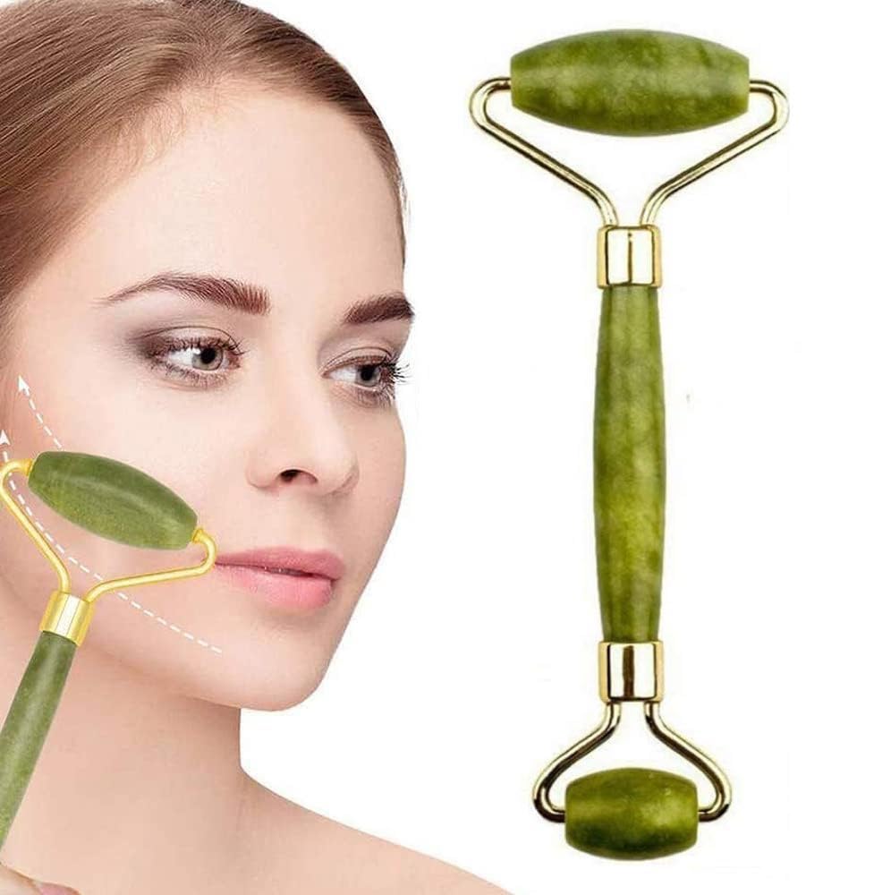 Jade Face Roller - GLAMZA Double Ended Facial Roller - Stimulates Lymphatic Drainage, Improving Skin-tone & Reducing Fine Lines & Wrinkles