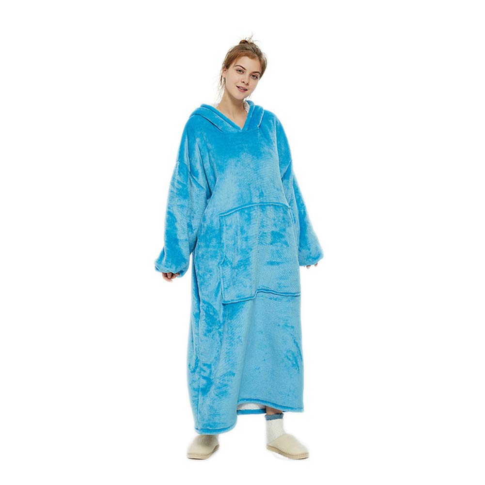 Hoodie Blanket, Oversized Long Blanket Sweatshirt with Soft Sherpa Fleece - Deep Front Pockets -Thick Giant Hooded Robe Pullover, Tv Lazy Proof Warm Wearable Blanket Pajama for Adult Women Men (Blue)