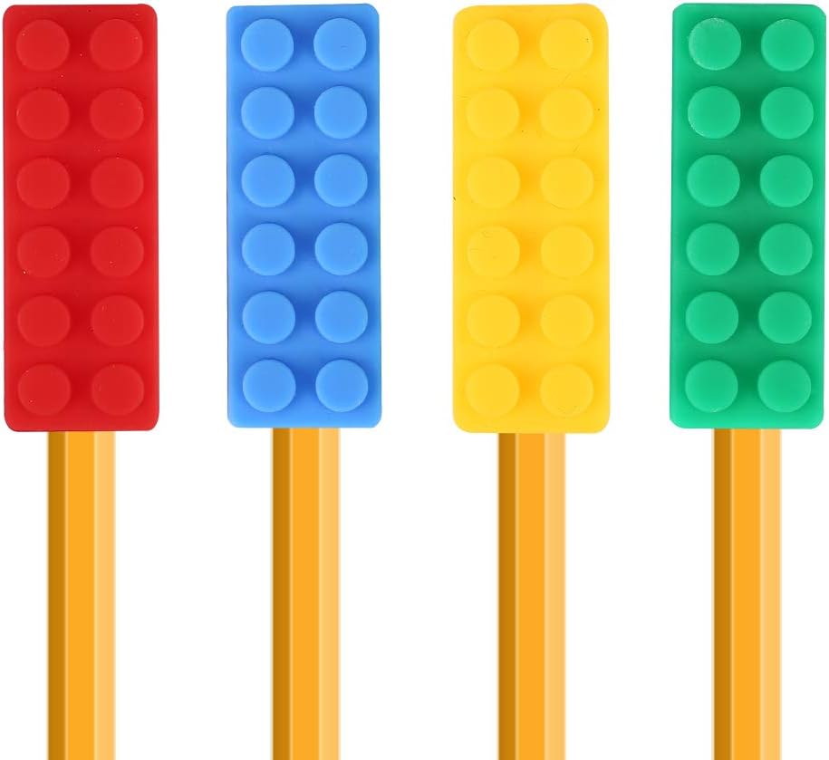 Sensory Chew Pencil Toppers for Boys and Girls - Chewable Pencil Toppers for Kids with Autism, ADHD, SPD, Oral Motor Teething & Biting Needs (4 Pack)