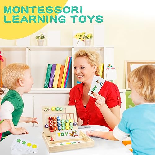Wooden Montessori Toys for Kids 2 3 4 5 6 7 8 Years Old, Alphabet Learning Toys with 34 Cards, Color & Shape Matching Slide Puzzles Brain Teaser Logic Board Games for Preschool Kindergarten Homeschool