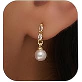 PRTGL Pearl Earrings: 14k Gold/White Gold/Rose Gold Plated Cubic Zirconia Accented Pearl Drop Dangle Wedding Engagement Earrings For Women Bridal Bridesmaid