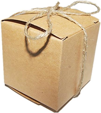 50pcs Wedding Favors Candy Boxes 2x2x2 Inch, Rustic Kraft Brown Square Cardboard Jewelry Gifts Box for Vintage Bridal Shower Party Birthday Baby Shower Decoration (With Hemp Rope)