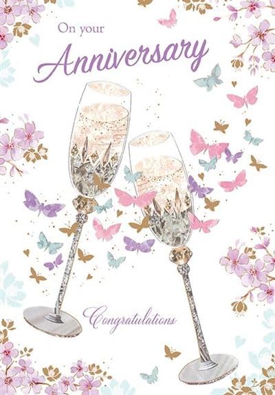 Jasmine Greeting Card (GR-488015) - On Your Wedding Anniversary - Pretty Flowers and Champagne - From the Range - Foil and Flitter Finish