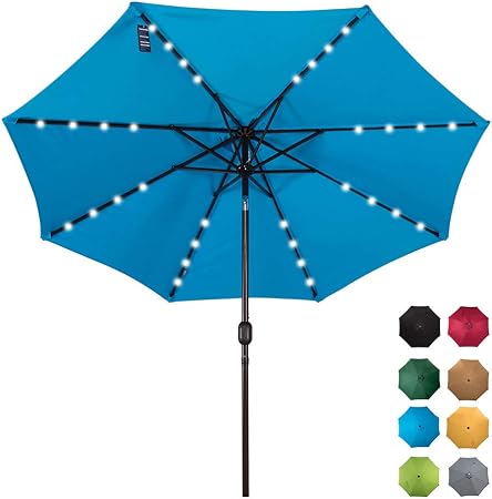 Amazon Com Sundale Outdoor Solar Powered 32 Led Lighted Patio Umbrella Table Market Umbrella With Crank And Push Button Tilt For Garden Deck Backyard Pool 8 Steel Ribs 9 Feet Blue Garden Outdoor