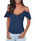 YONYWA Women's Casual Cut Off Shoulder Ruffle Shirt Blouse Cross Back Top Tee Short Sleeve