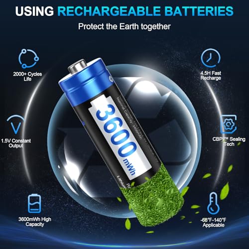 Artman Rechargeable Lithium AA Batteries 12 Pack with 12-Slot Charger, 3600mWh 1.5V High Power AA Lithium Batteries for Blink Outdoor Camera, Rechargeable Double A Battery with 2000+ Cycles (Black)