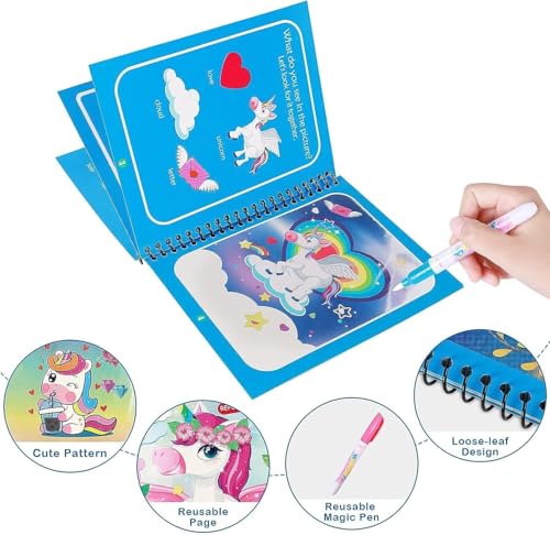 DMG 4 Pack Cartoon Water Coloring Magic Book With Water Pen, Toddlers Kids Reusable Painting Unicorn Animal Cartoon Coloring Book Boys Girls Educational Learning Toys Gifts