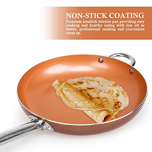 SHINEURI 12 inch Nonstick Copper Frying Pan Deep Skillet Pan with Stainless Steel Handle, Round Saute Pan for Broiling Steaming and Braising, Dishwasher Safe PFOA PTFE Free