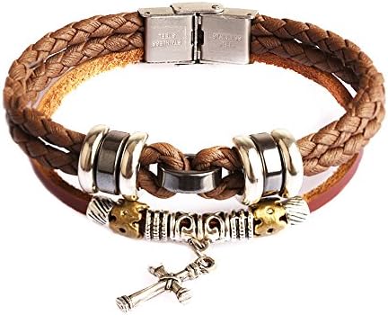 Ruinuo Brown Leather and Rope Bracelets Cross and Leaf Style Universal Cool Fashion Punk Multi-layer Steel Button Simplicity (Brown - cross)