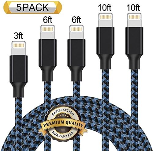 Nutmix iPhone Cable 5Pack 3FT 6FT 6FT 10FT 10FT Nylon Braided Certified Lightning to USB iPhone Charger for iPhone X/8/8 Plus/7/7 Plus/6/6 Plus/6S/6S Plus,iPad,iPod Nano 7 - Black Blue