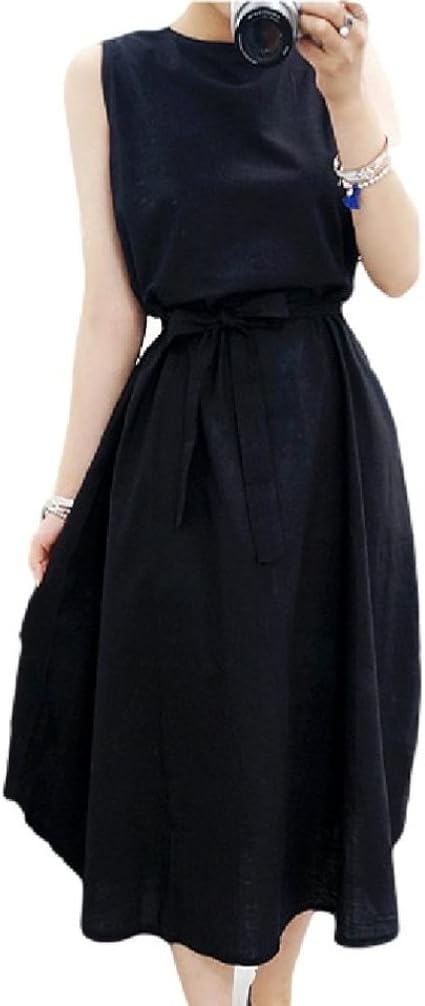 Amazon Comunited ミモレ丈ワンピース ドレス 後ろボタン ノースリーブ 共布ベルト付き 無地 シンプル ナチュラル コットン ブラック ワンピース チュニック 通販