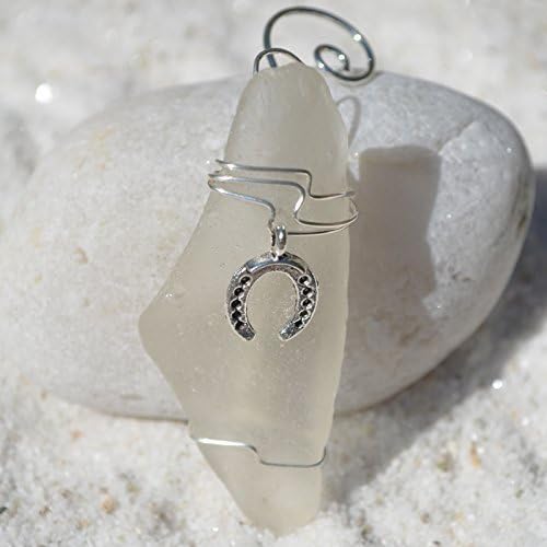 Custom Surf Tumbled Sea Glass Ornament with a Silver Horseshoe Charm - Choose Your Color Sea Glass Frosted, Green, and Brown.