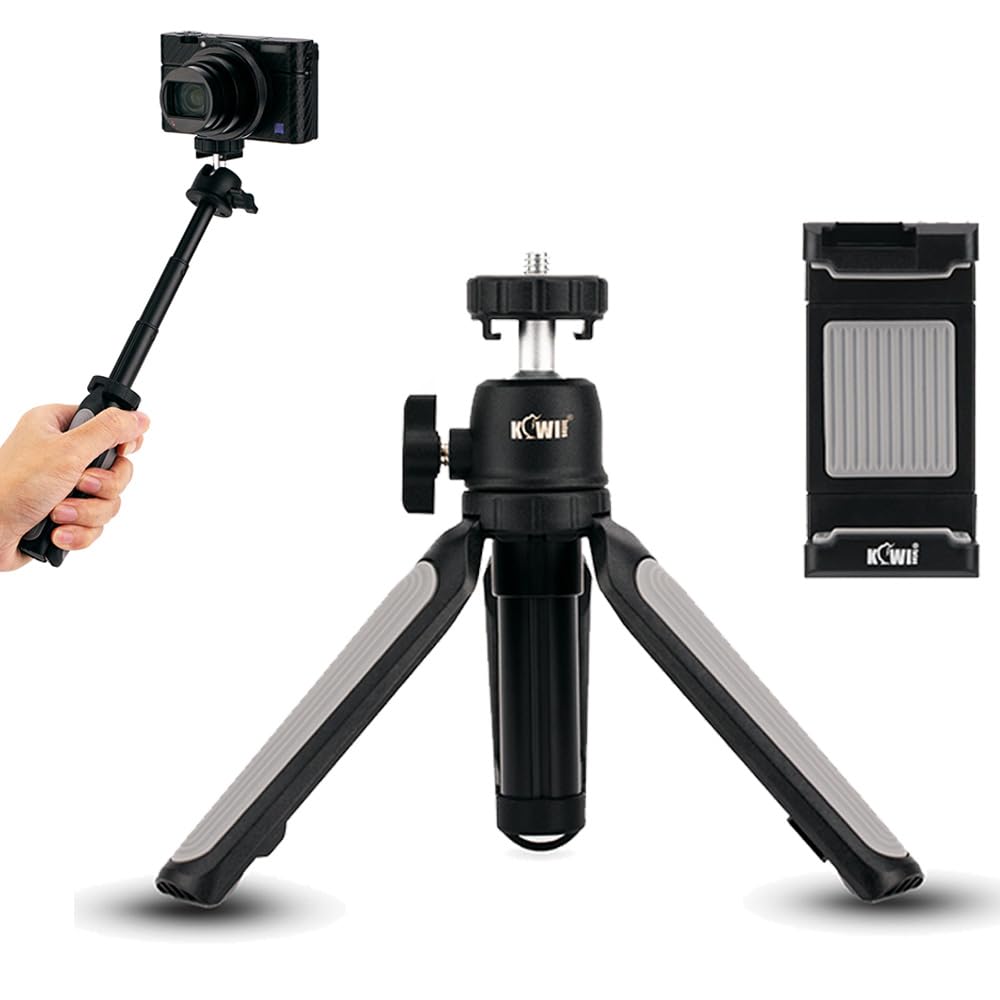 KIWIFOTOS 2IN1 Telescopic Handgrip & Mini Tripod Stand with Smart Phone Clip, Camera/Phone Hand Grip Handheld Selfie Stick for Compact Cameras, DSLR, Phone, Gopro, Osmo Action Sports Cameras