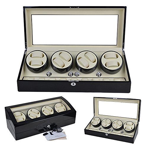 Luxury 8+9 Automatic Rotation Black Wood Leather Watch Winder Storage Display Case Box - Thumbnail 3