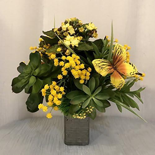 Artificial Kalanchoe and Succulent Plants Arrangement in Chrome Ceramic Vase, Yellow and Green, Office Home Decor Accent for Gift, Handcrafted at the Floral mart