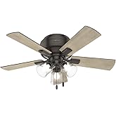 Hunter Crestfield Indoor Low Profile Ceiling Fan with LED Light and Pull Chain Control, 42", Noble Bronze