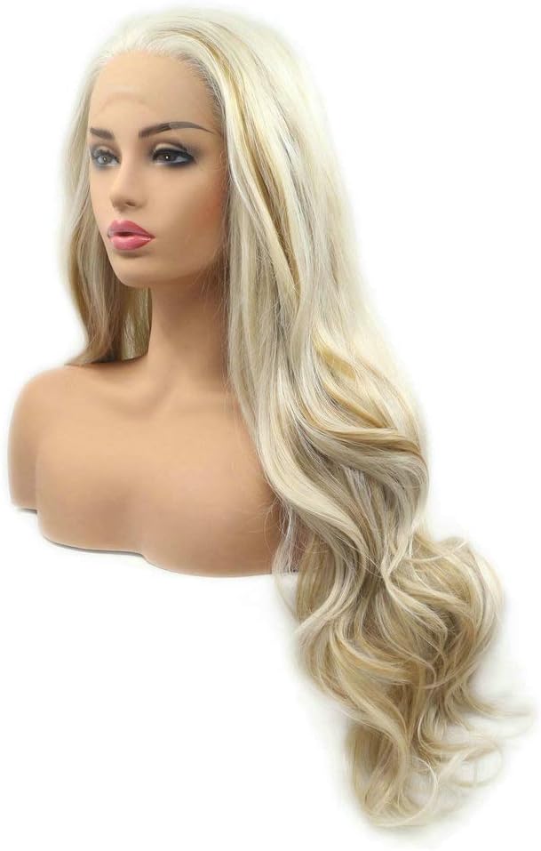 Mixed Blonde Highlight Synthetic Lace Front Wigs Women Long Wavy Wig Mixed Color Blonde Gold Body Wave Daily Wig Free Part 24inch
