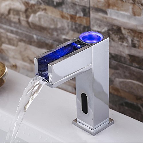 Gangang Led Touch-Free Automatic Bathroom Vessel Sink Sensor Faucet Hot & Cold Mixer Faucet With Color Changing LED,Contemporary Waterfall Automatic Sensor Faucet Hot Cold Water,Lavatory Plumbing Taps - Thumbnail 7