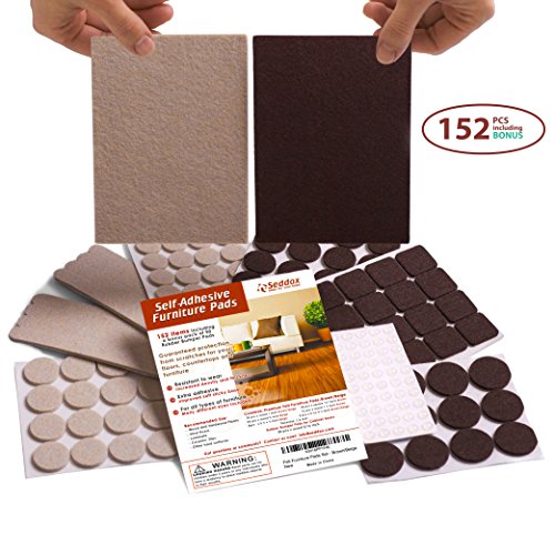 Seddox PREMIUM Felt Furniture Pads TWO COLORS SET (BROWN + BEIGE) - 152 Pieces Including BONUS Rubber Bumper Pads - Extra Adhesive Chair Leg Hardwood Floor Protectors for Wood and Laminate Flooring