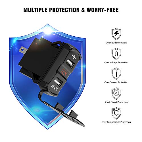 12V/24V USB Charger Socket Rocker Switch Dual USB Car Power Outlet with Red LED Voltmeter Marine Cigarette Lighter Adapter Waterproof 4.2A Fast Charge for Boat Motorcycle ATV RV Truck