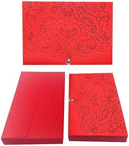 50PCS Paper Laser Cut Bronzing Wedding Baby Shower Invitation Cards with Flower Hollow Favors Invitation Cardstock for Engagement Birthday Graduation (Diamond Red)