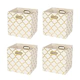Posprica Collapsible Storage Bins,11&times;11 Fabric Storage Baskets Cubes Boxes Containers Drawers Organizer with Two Metal Handles for Toy,Clothes,Laundry - 4pcs,White-Gold Lantern