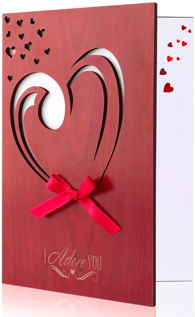 Wedding Anniversary Card for Husband Wife - Love Hearts Christmas Cards for Him Her Boyfriend Girlfriend, Handmade Imitation Wood Personalised Mothers Day Card for Christmas