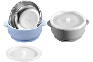 Dovesail 2 Pack Stainless Steel Baby Bowls with Removable Non-Slip Silicone Suction Shell and Lids, Anti Scald Food Container for Baby Food Feeding-Skyblue & Gray