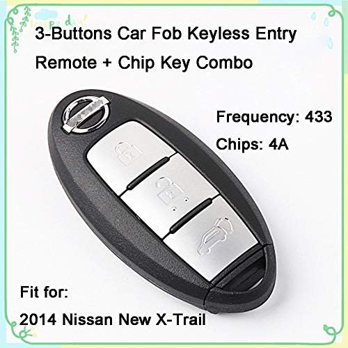 1 Sets 3 Buttons 433Hz Car Key Fob Keyless Entry Replacement Intelligent Smart Card Alarm Key Transmitter Programmer Remote Control & Uncut 4A Chips Key Combo for Nissan 2014 X-Trail 10307