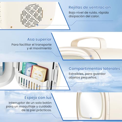 Refrigerador para Skincare 6L, Mini Nevera Portátil con Termoeléctrico Enfría/Calienta, Luces LED con Espejo, Mini Refri para Cosméticos, Bebidas, Leche Materna, Ideal para Belleza, Hogar y Coche
