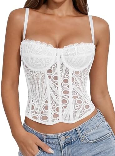 SOLY HUX Women's Lace Bustier Corset Tie Front Mesh Party Going