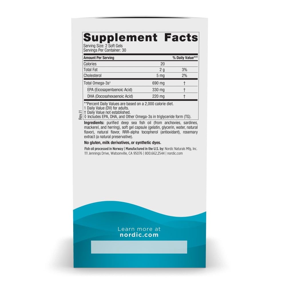 Nordic Naturals Omega-3, Lemon Flavor - 60 Soft Gels - 690 mg Omega-3 - Fish Oil - EPA & DHA - Immune Support, Brain & Heart Health, Optimal Wellness - Non-GMO - 30 Servings