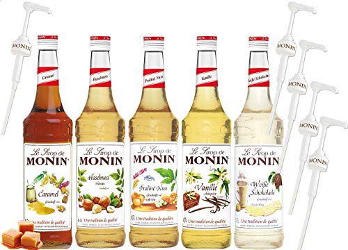 MONIN-SET Café 5+5 - 5x Kaffee Sirup + 5x Pumpen - Karamell, Vanille, Praline-Nuss, Haselnuss, Weisse Schokolade (5x 0,7l)